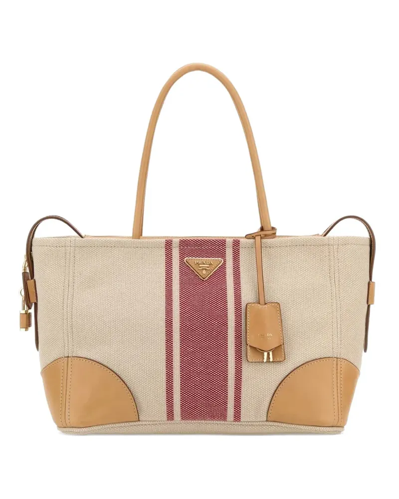 Prada large Triangle logo striped tote bag - Nude Nude