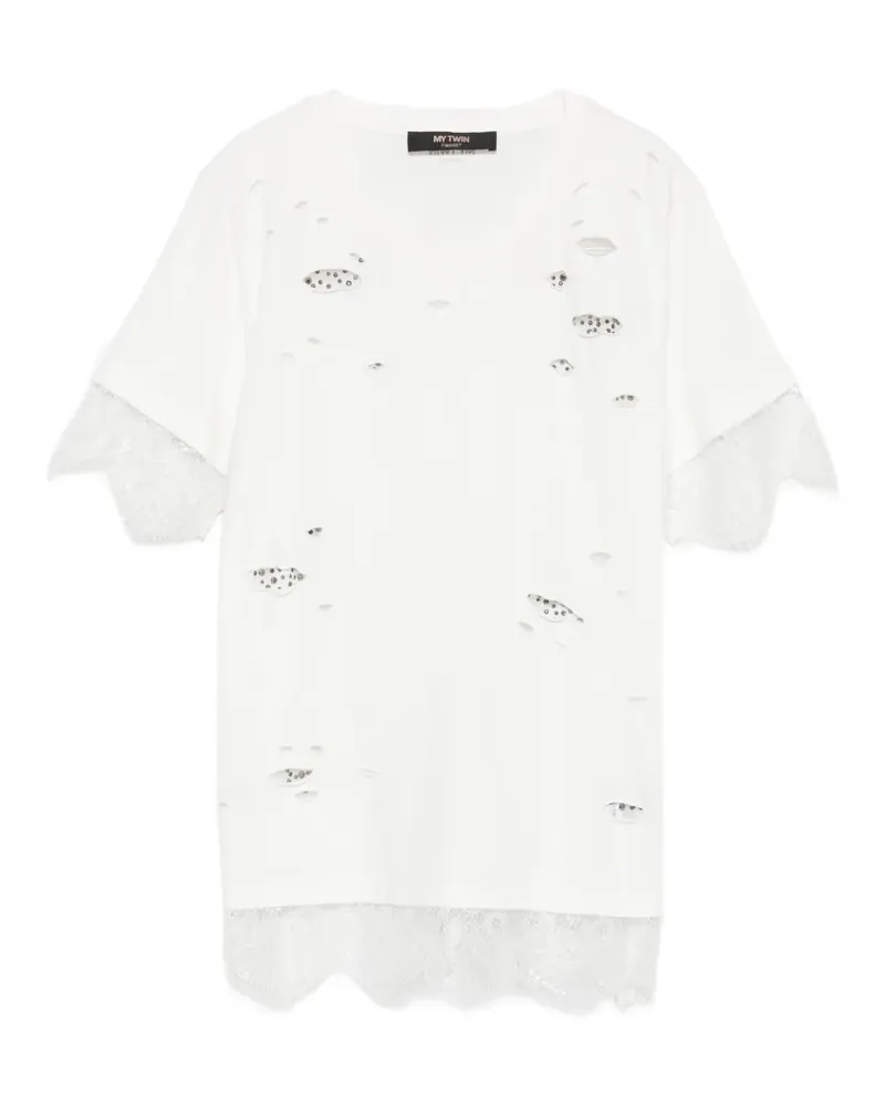 Twin-Set lace-trim distressed cotton T-shirt - Weiß Weiß