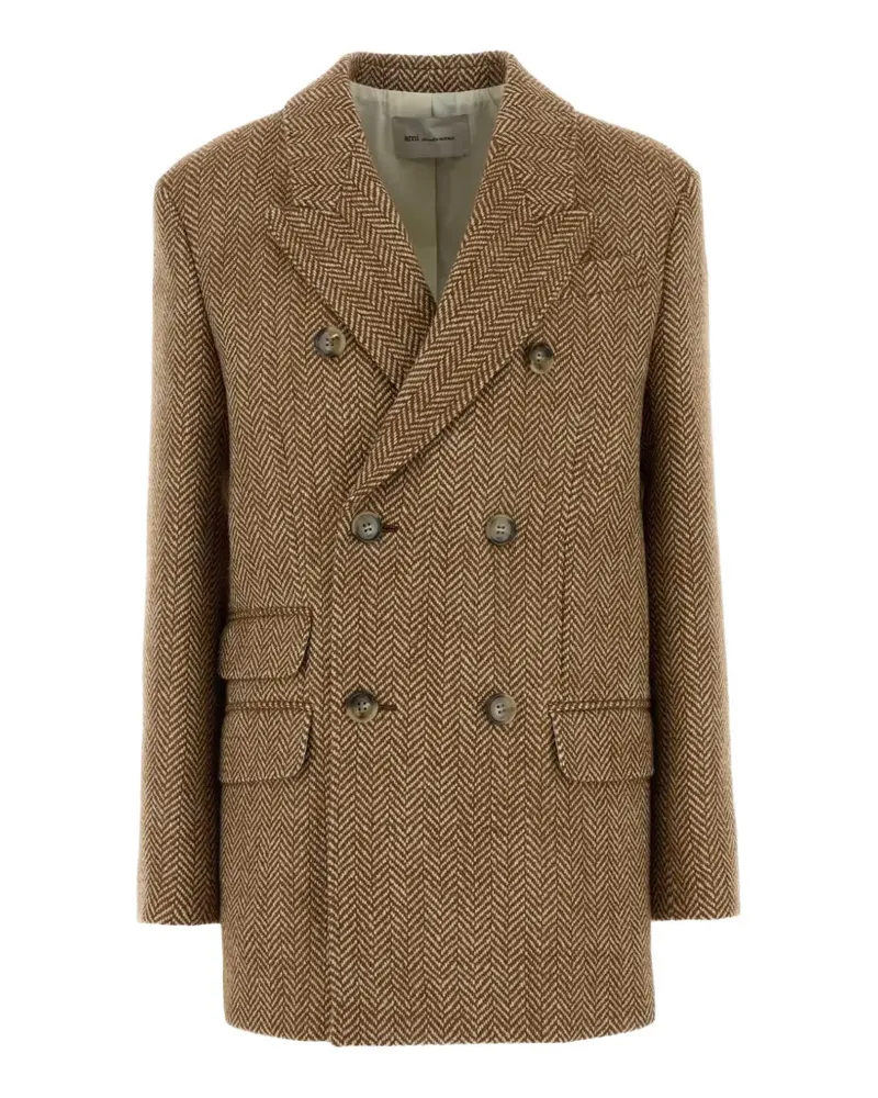 AMI Paris brown double breasted herringbone wool blazer - Braun Braun