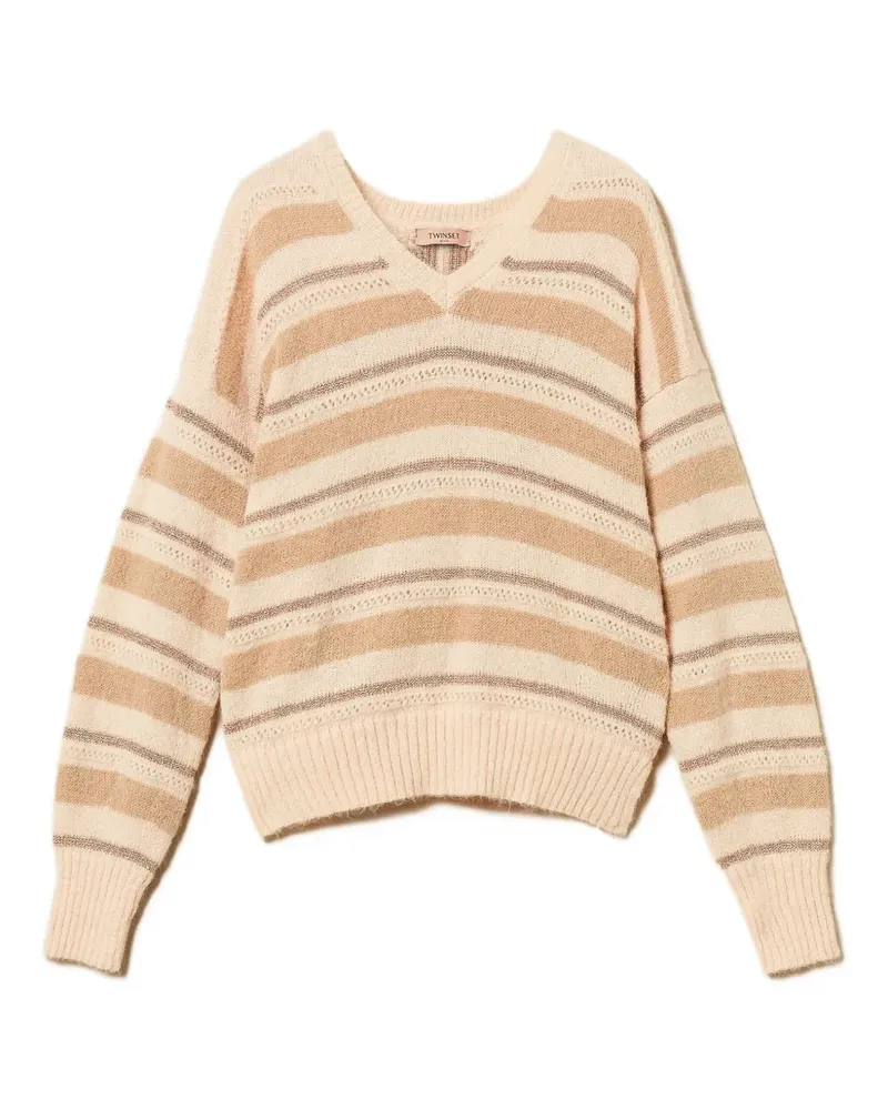 Twin-Set Gestreifter Pullover mit V-Ausschnitt - Nude Nude