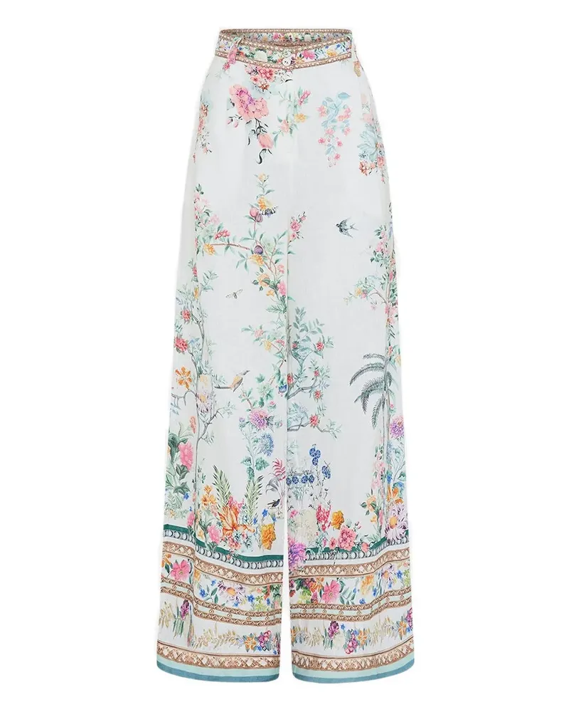 Camilla Leinenhose mit Blumenmuster - Weiß Weiß