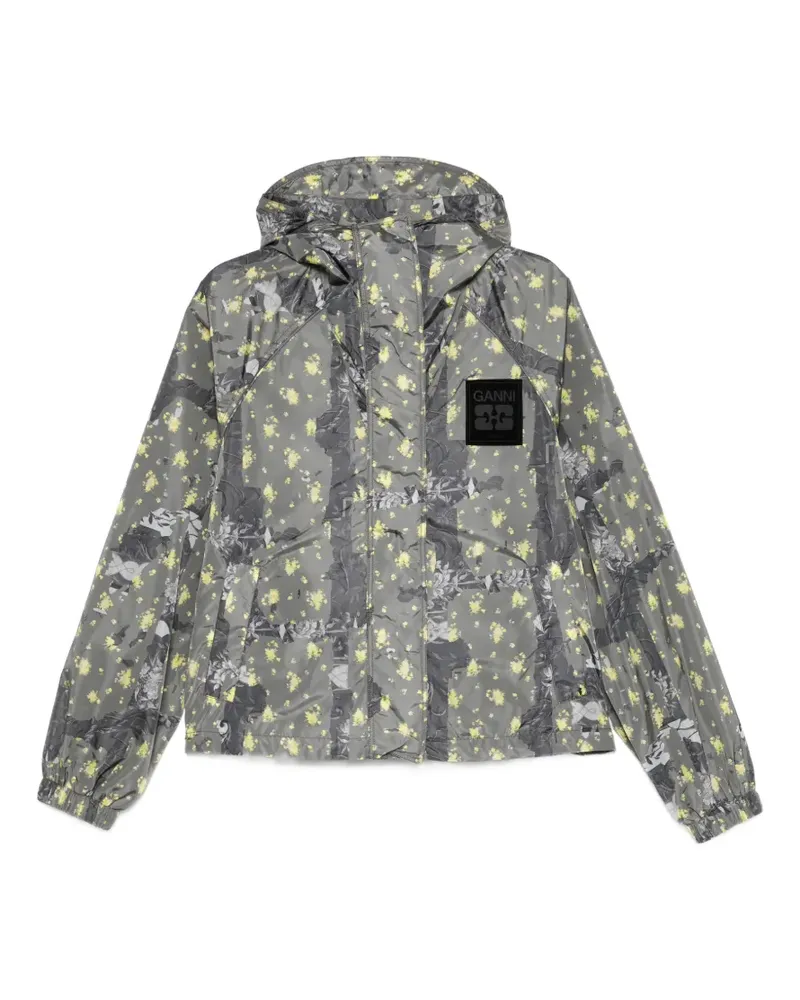 Ganni floral-print hooded jacket - Grau Grau