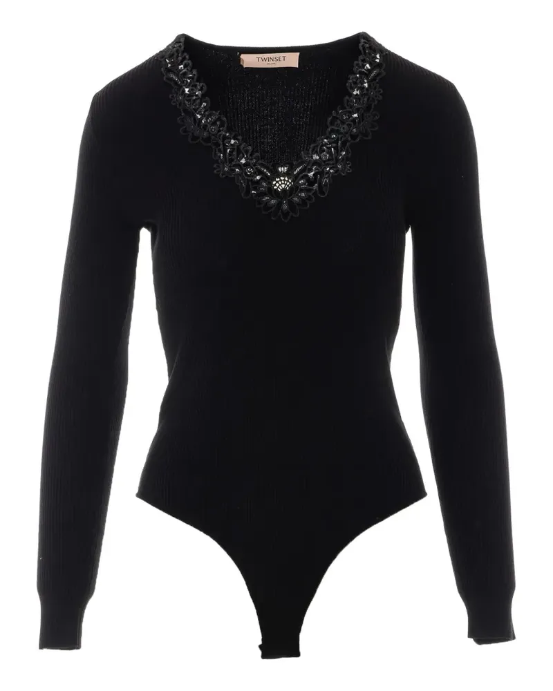 Twin-Set lace-trim ribbed bodysuit - Schwarz Schwarz