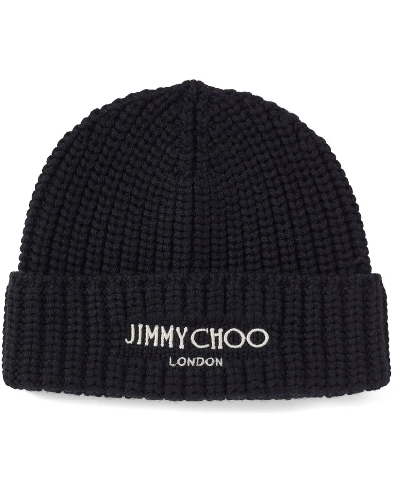 Jimmy Choo Gerippte Strickmütze mit Logo Schwarz