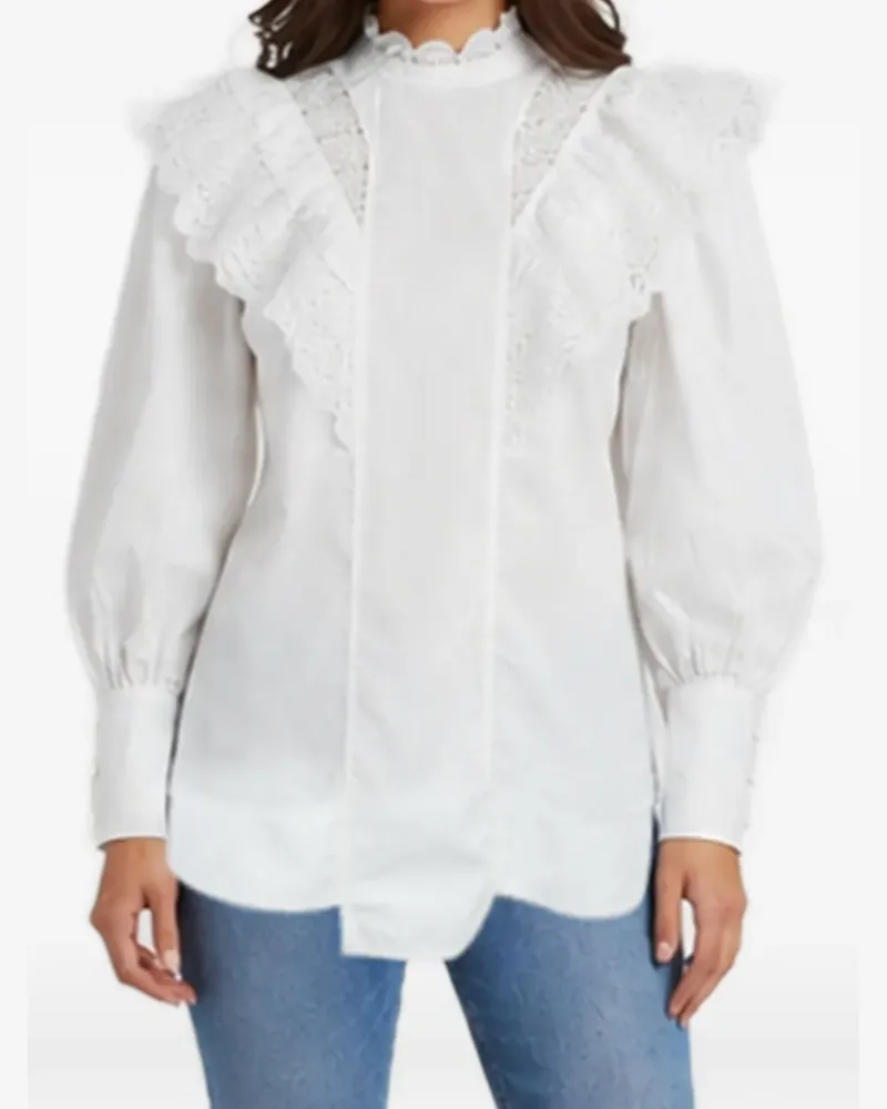 Ganni lace-trim ruffled blouse - Weiß Weiß