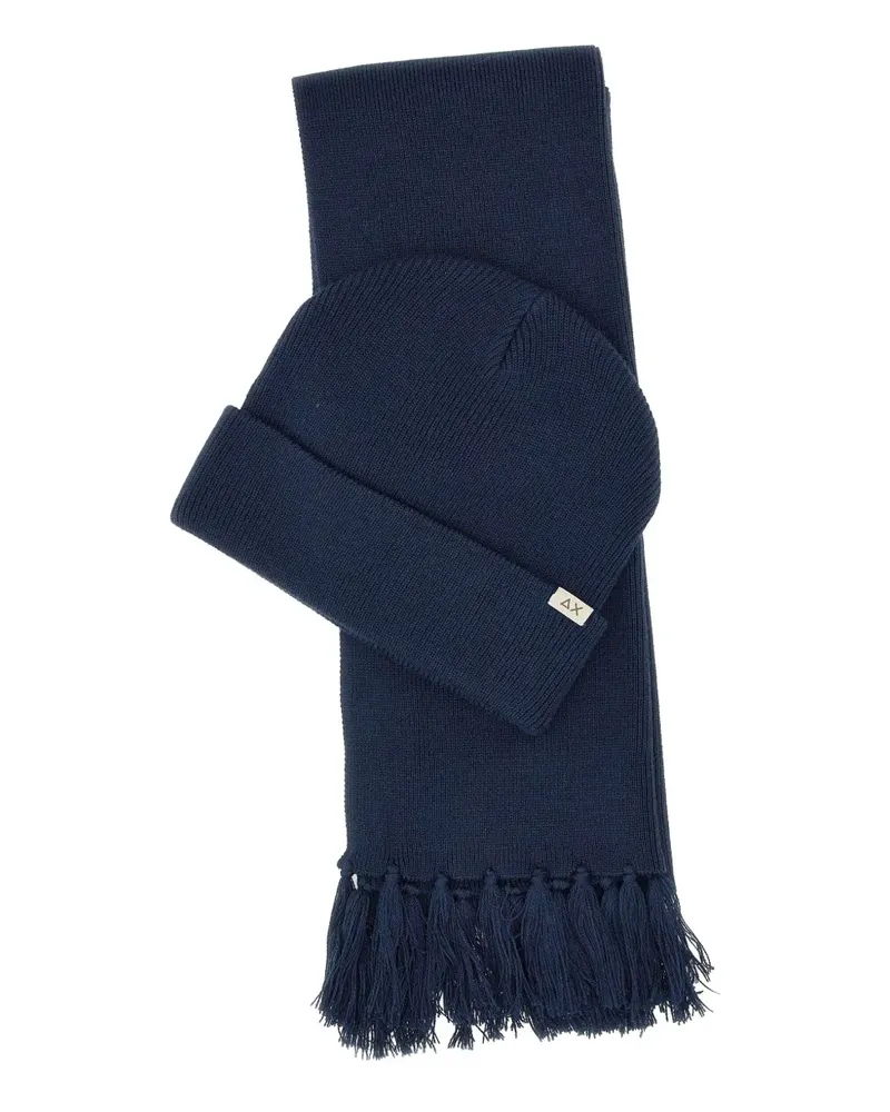 Sun68 micro-ribbed beanie scarf and set - Blau Blau