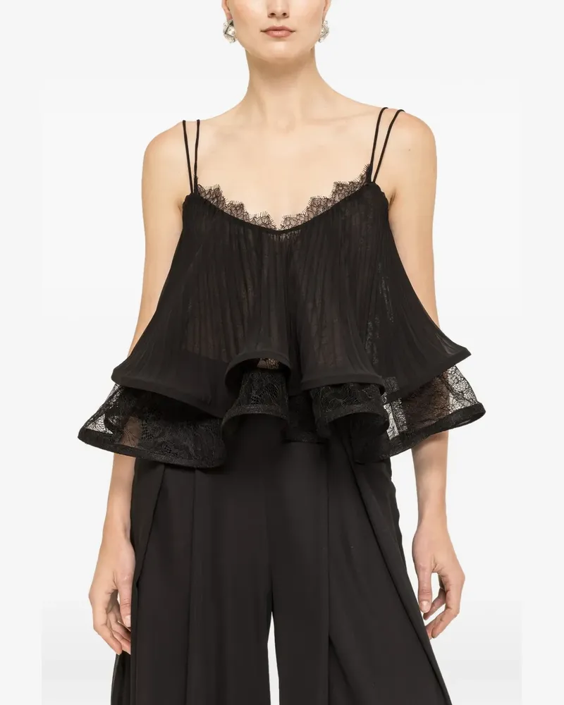 NISSA pleated lace-trim broken blouse - Schwarz Schwarz
