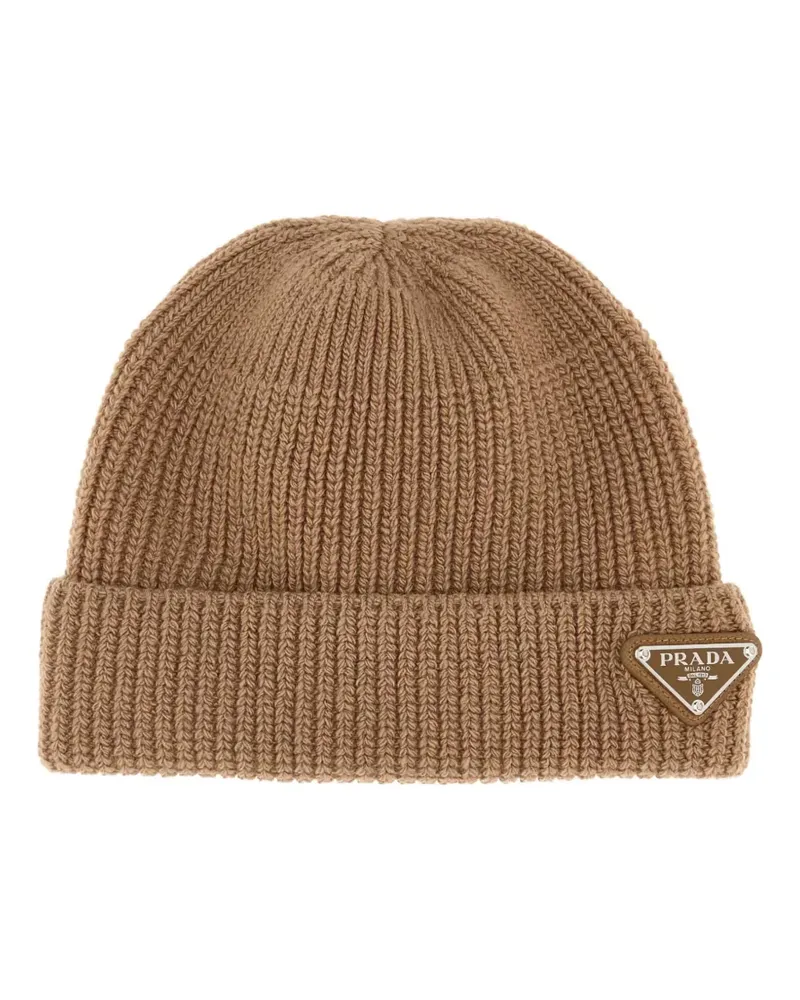 Prada Gerippte Beanie mit Logo-Schild - Braun Braun