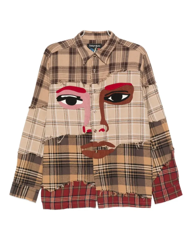 KidSuper face-appliqué plaid shirt - Braun Braun