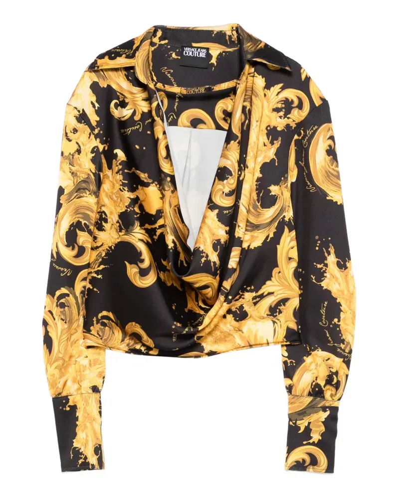 Versace Jeans Bluse mit Wasserfallkragen und Barock-Print - Schwarz Schwarz