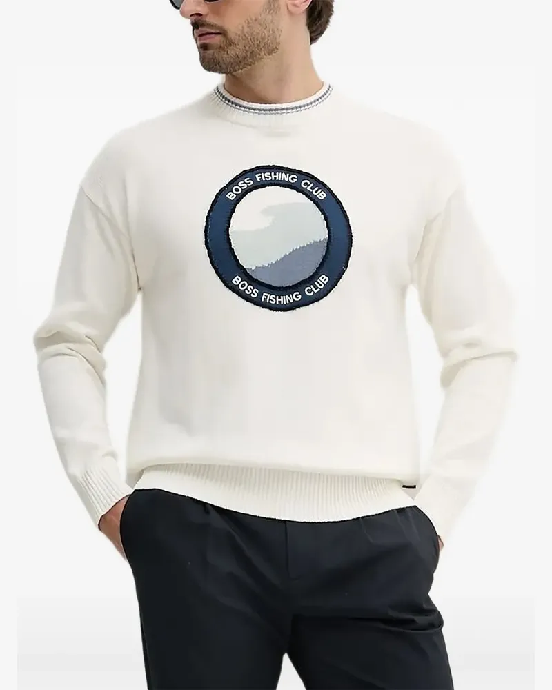 HUGO BOSS Rundhalspullover mit Emblem - Weiß Weiß