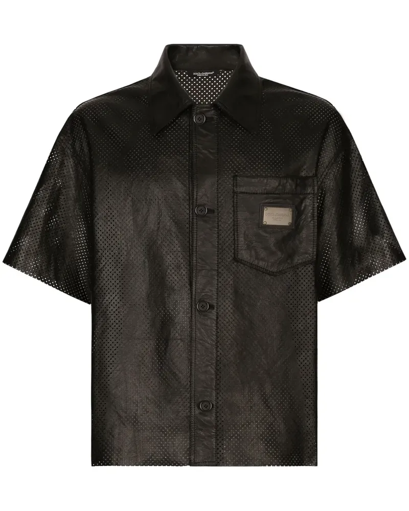 Dolce & Gabbana Lederhemd mit Logo-Schild - Schwarz Schwarz