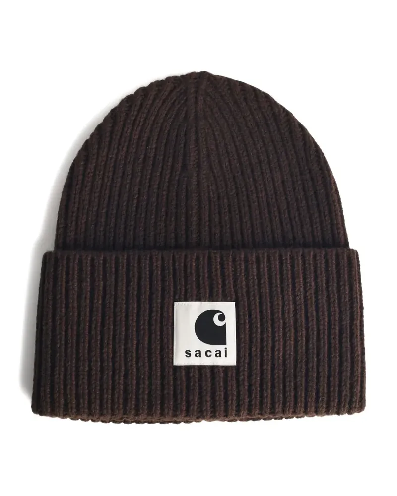 Sacai Gerippte Beanie mit Logo-Patch - Braun Braun