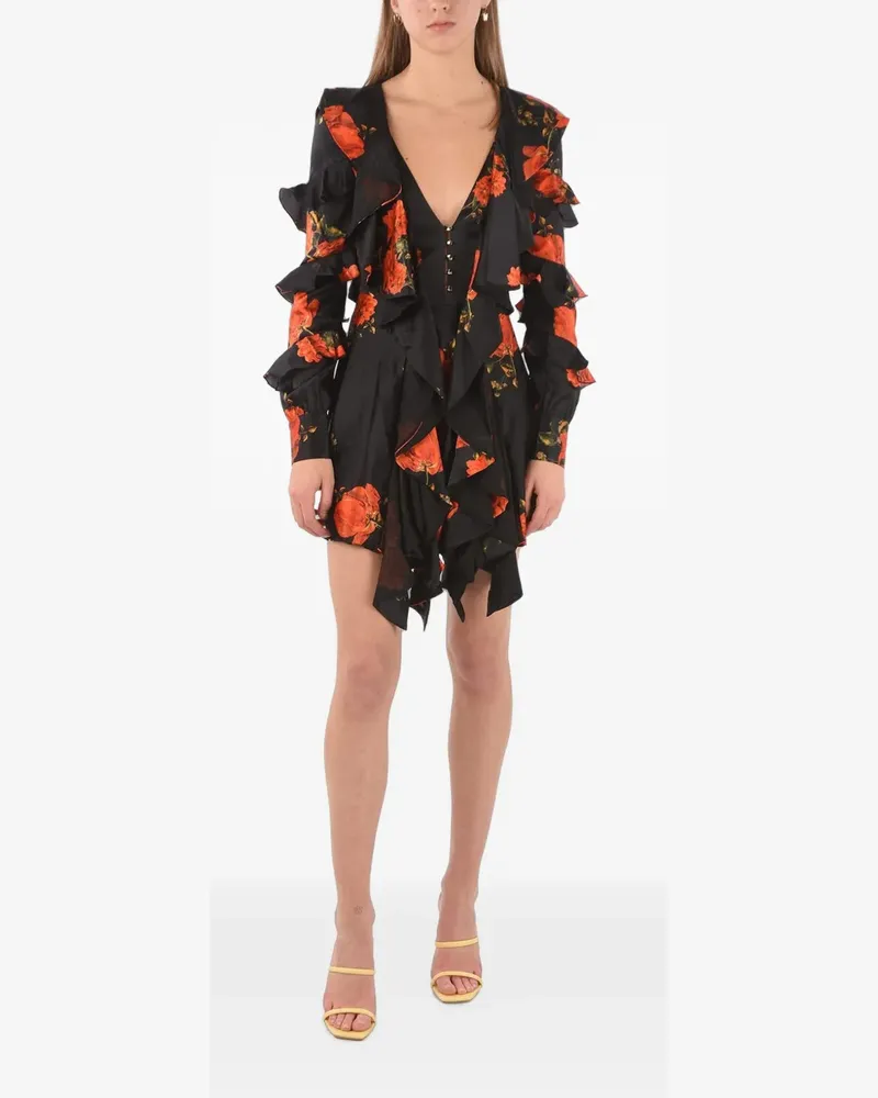 Philipp Plein floral-print ruffled mini dress - Schwarz Schwarz