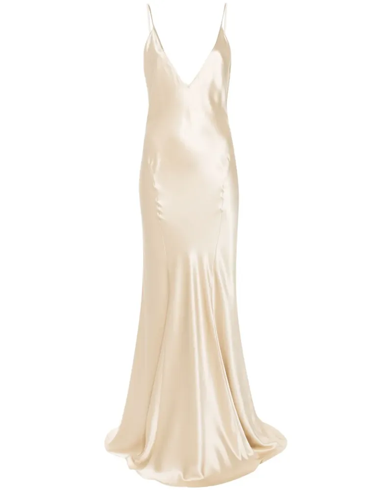 Saint Laurent Seiden-Maxikleid mit V-Ausschnitt - Nude Nude