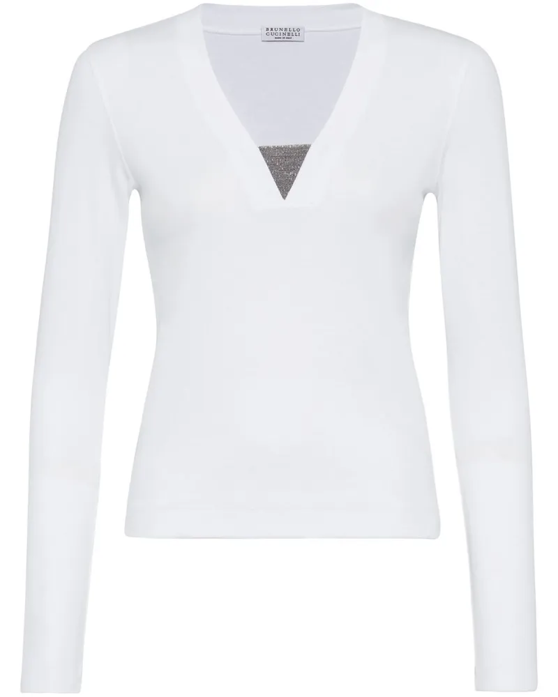 Brunello Cucinelli Langarmshirt mit V-Ausschnitt - Weiß Weiß