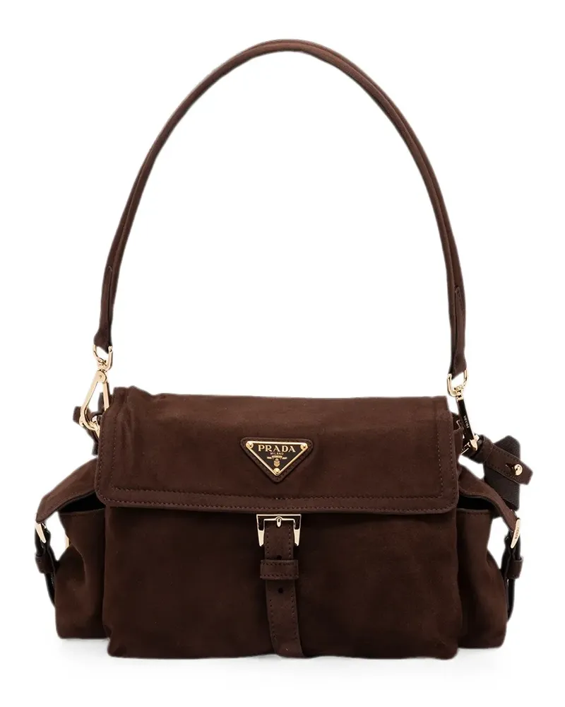 Prada Mittelgroße Explore Wildleder-Schultertasche mit Logo-Schild - Braun Braun