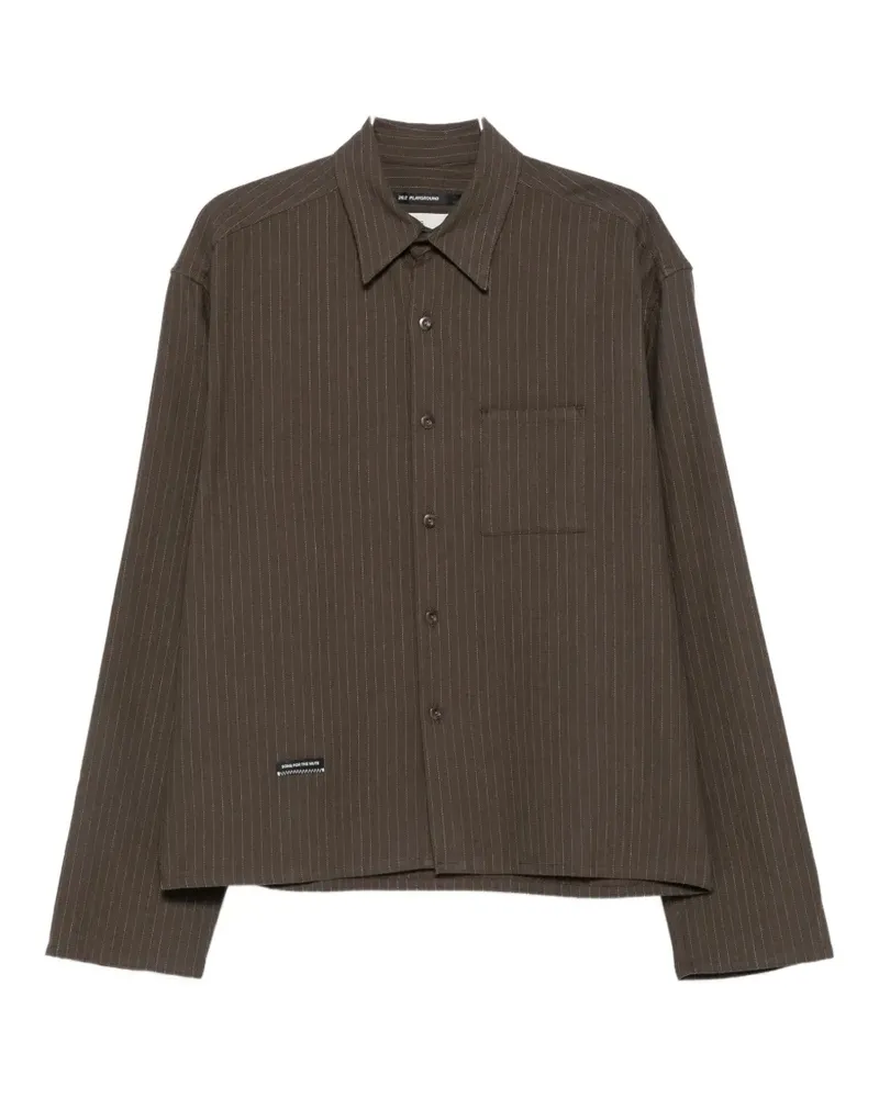 Song For The Mute School pinstripe-pattern logo-patch shirt - Braun Braun