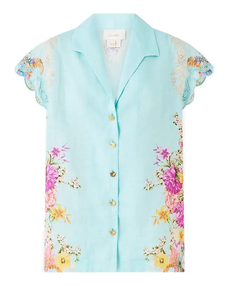 Camilla Geknöpfte Bluse mit Blumen - Blau Blau