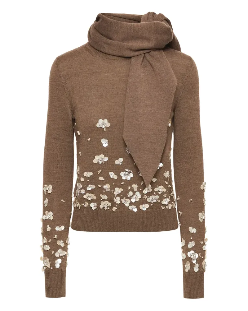 Oscar de la Renta Bestickter Pullover mit Schaldetail - Braun Braun
