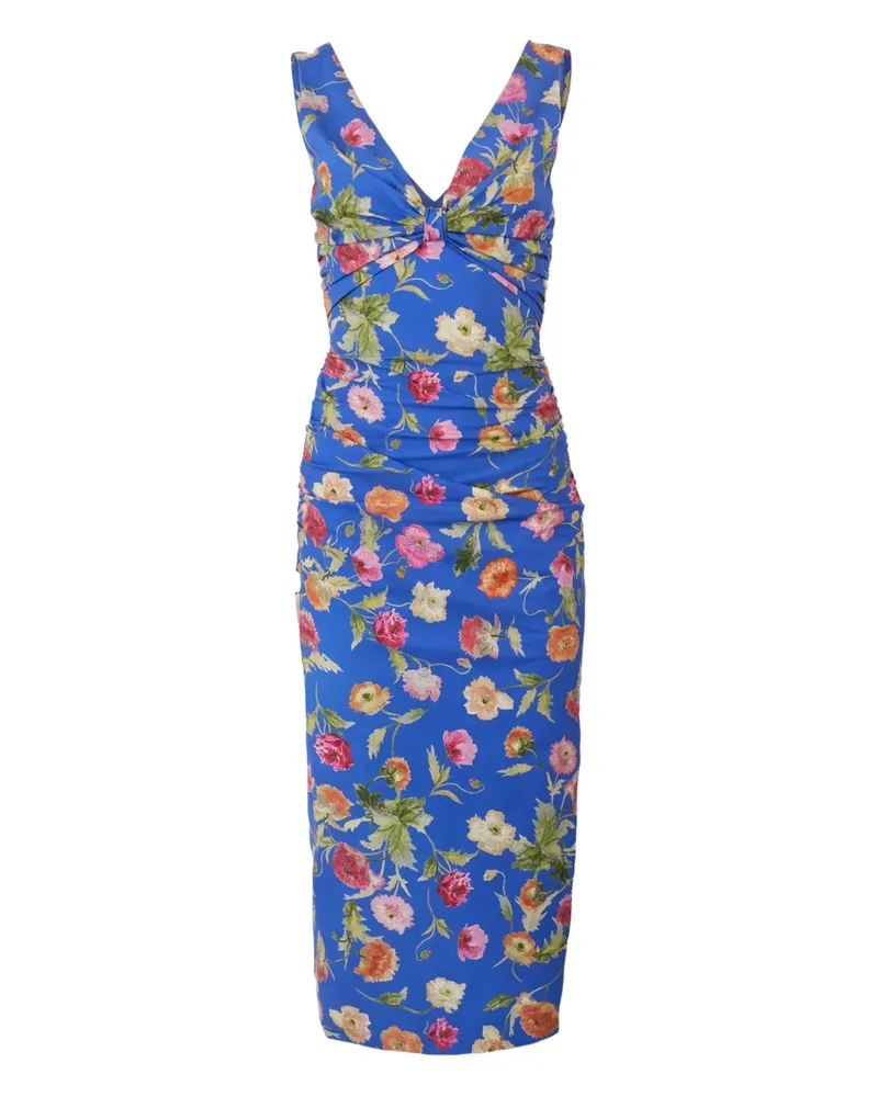 Carolina Herrera New York Gerafftes Midikleid mit Mohn-Print - Blau Blau
