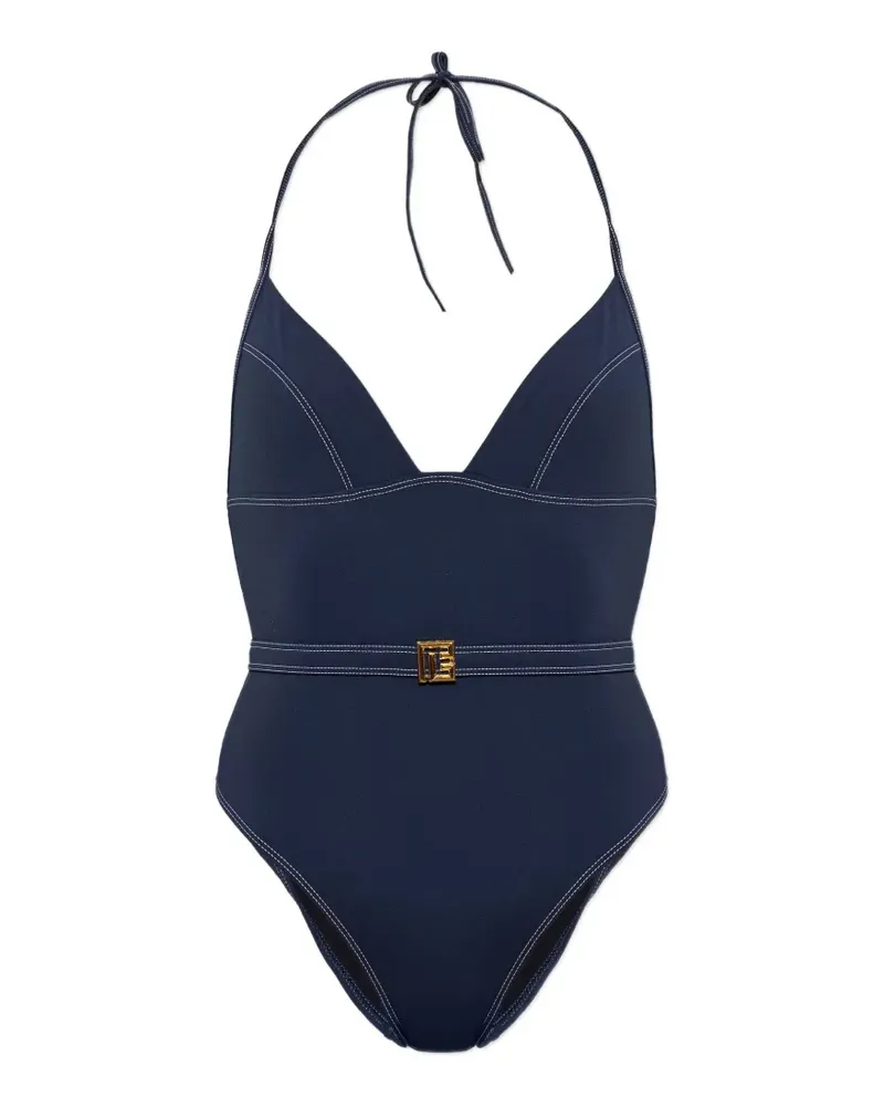 Balmain belted contrast-stitch swimsuit - Blau Blau