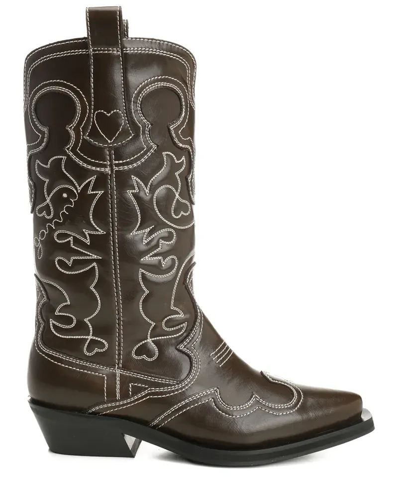 Ganni Bestickte Lederstiefel - Braun Braun