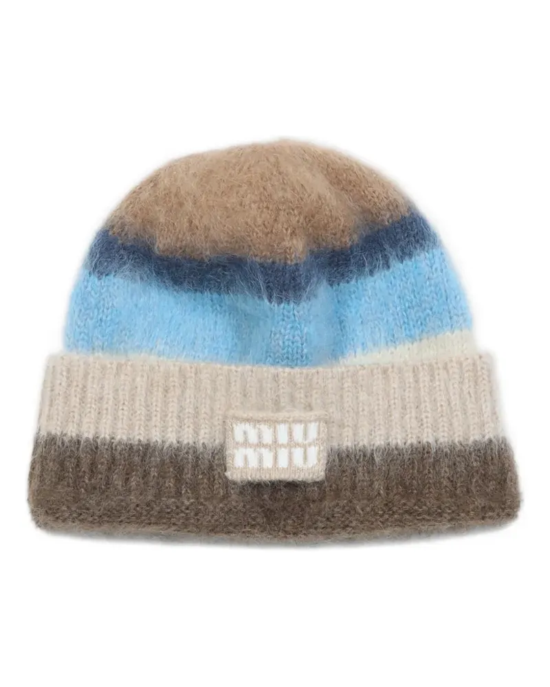 Miu Miu Gestreifte Beanie mit Logo-Patch - Braun Braun