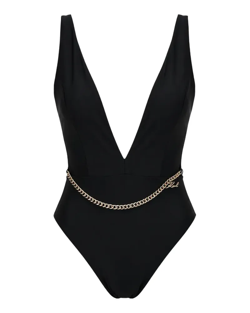 Karl Lagerfeld chain-belt plunge-neck swimsuit - Schwarz Schwarz