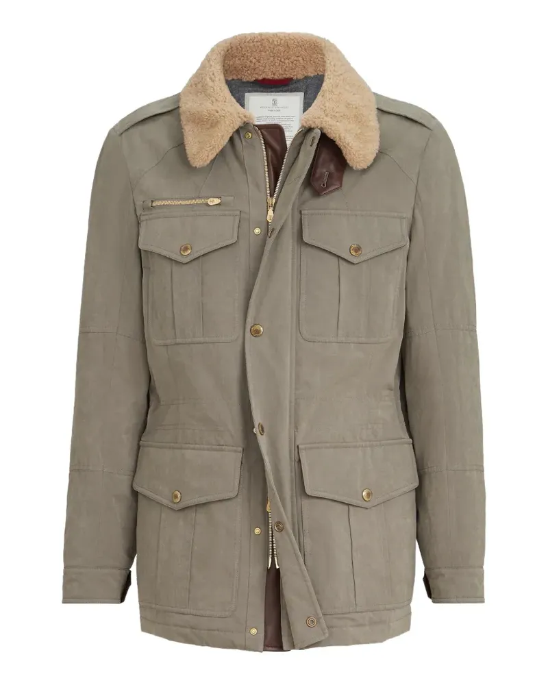 Brunello Cucinelli Safari-Jacke aus gewachster Techno-Baumwolle mit Thermore®-Wattierung, Details aus Nappaleder und Lammfellkragen - Grau Grau