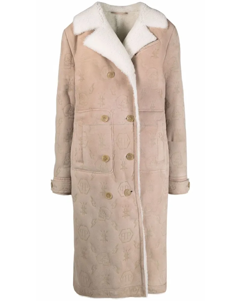 Philipp Plein Langer Shearling-Mantel mit Monogramm - Nude Nude