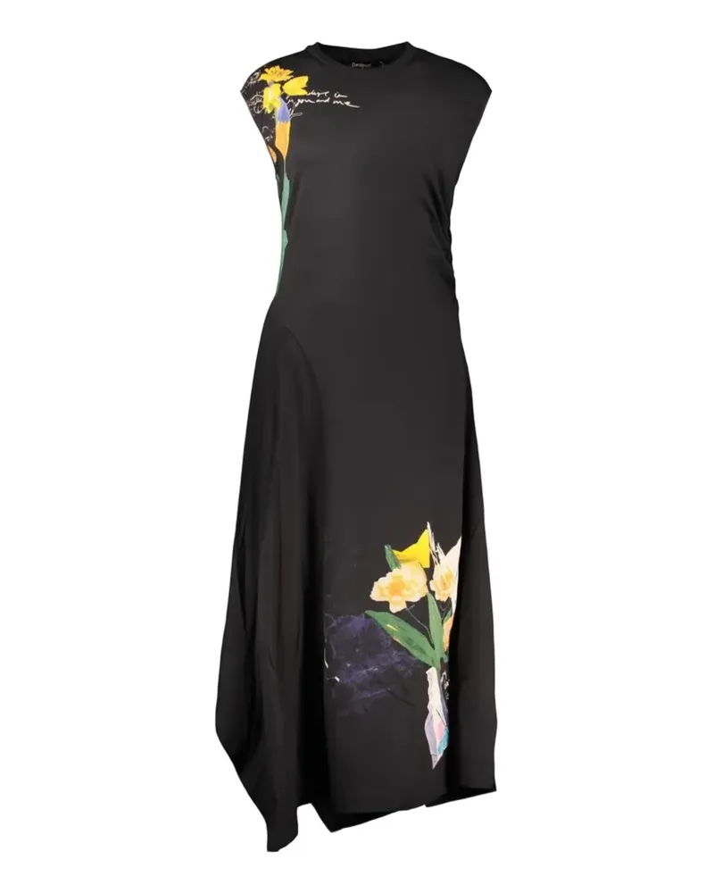Desigual floral-print asymmetric midi dress - Schwarz Schwarz