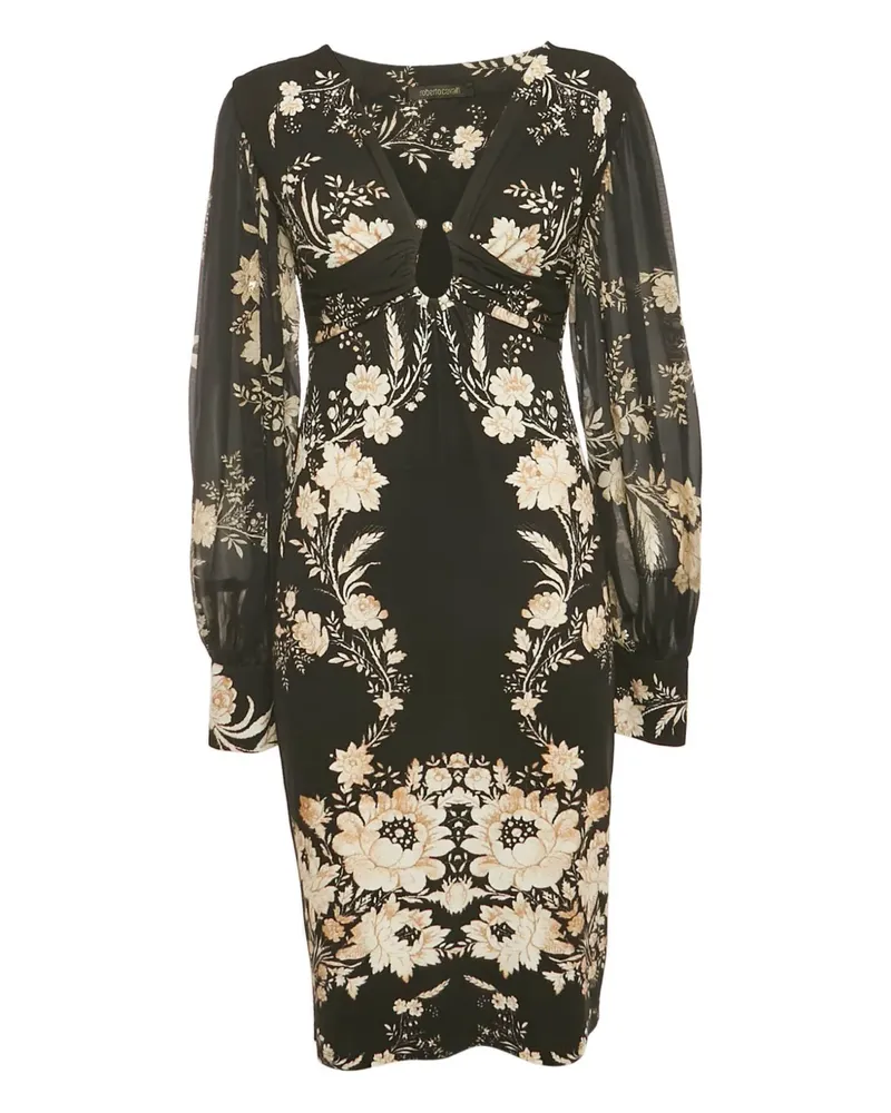 Roberto Cavalli Gerafftes Midikleid mit Blumen-Print - Schwarz Schwarz