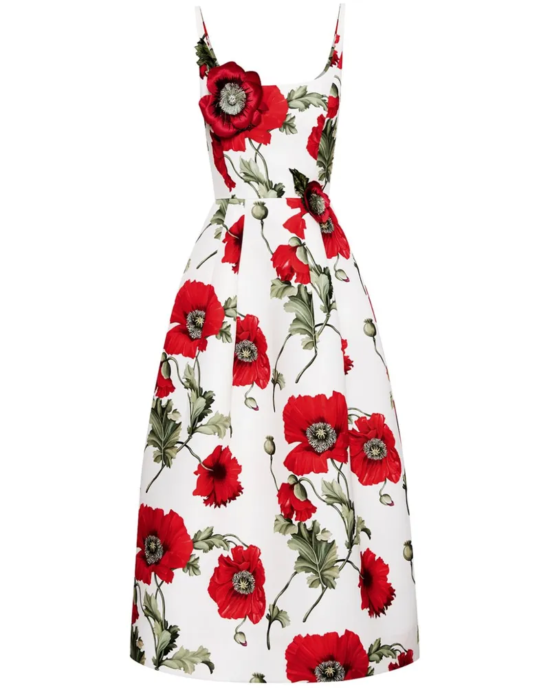 Oscar de la Renta Midikleid mit Mohn-Print Weiß