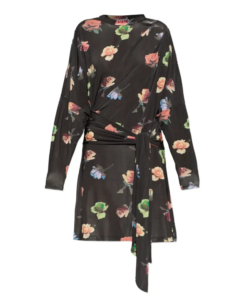 Ganni floral-motif tie-waist mini dress - Schwarz Schwarz