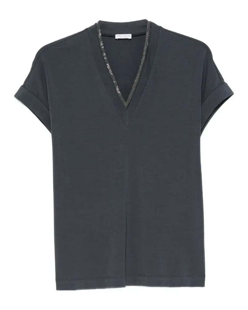 Brunello Cucinelli Monili-trim V-neck T-shirt - Blau Blau