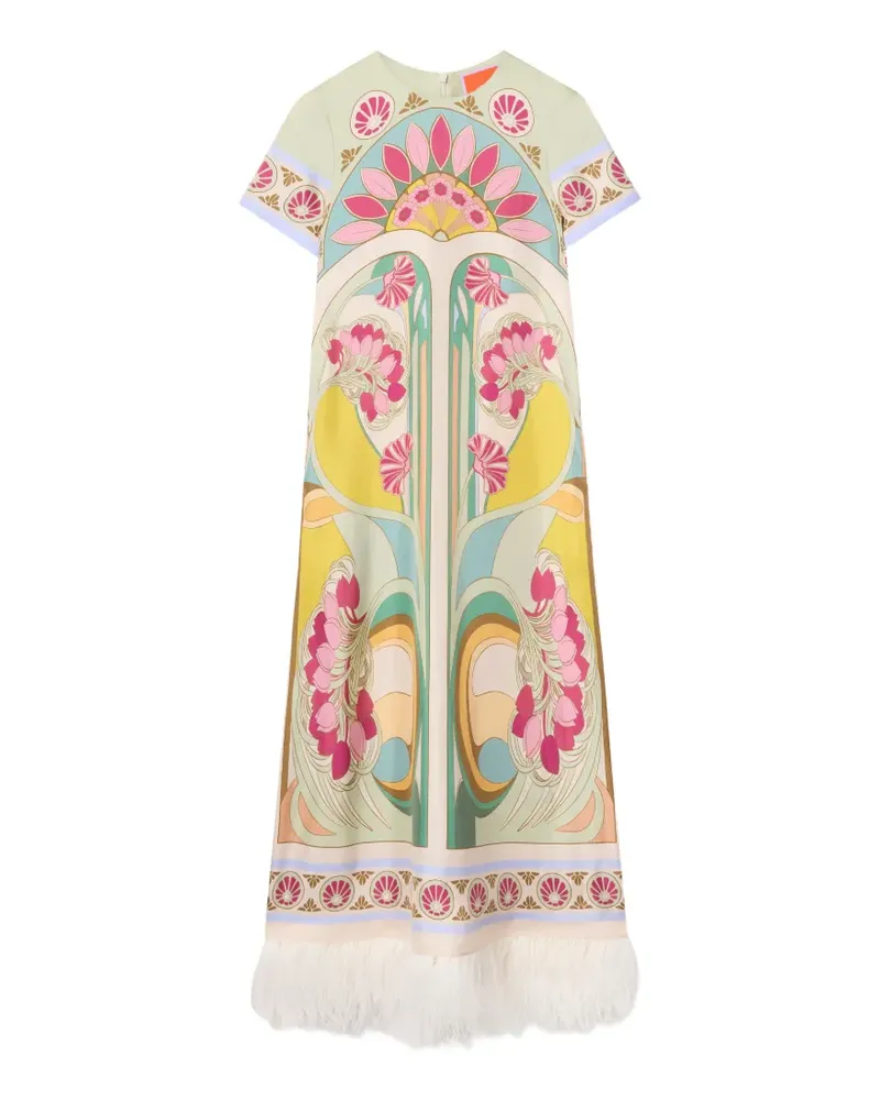 La DoubleJ Kleid aus Seidentwill mit Federn und „Tulip Placée Green“-Print - Grün Grün