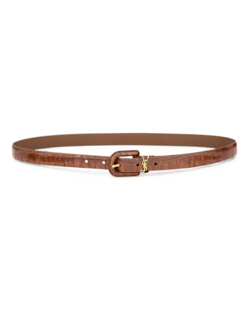 Saint Laurent Cassandre thin belt in crocodile-embossed leather - Braun Braun