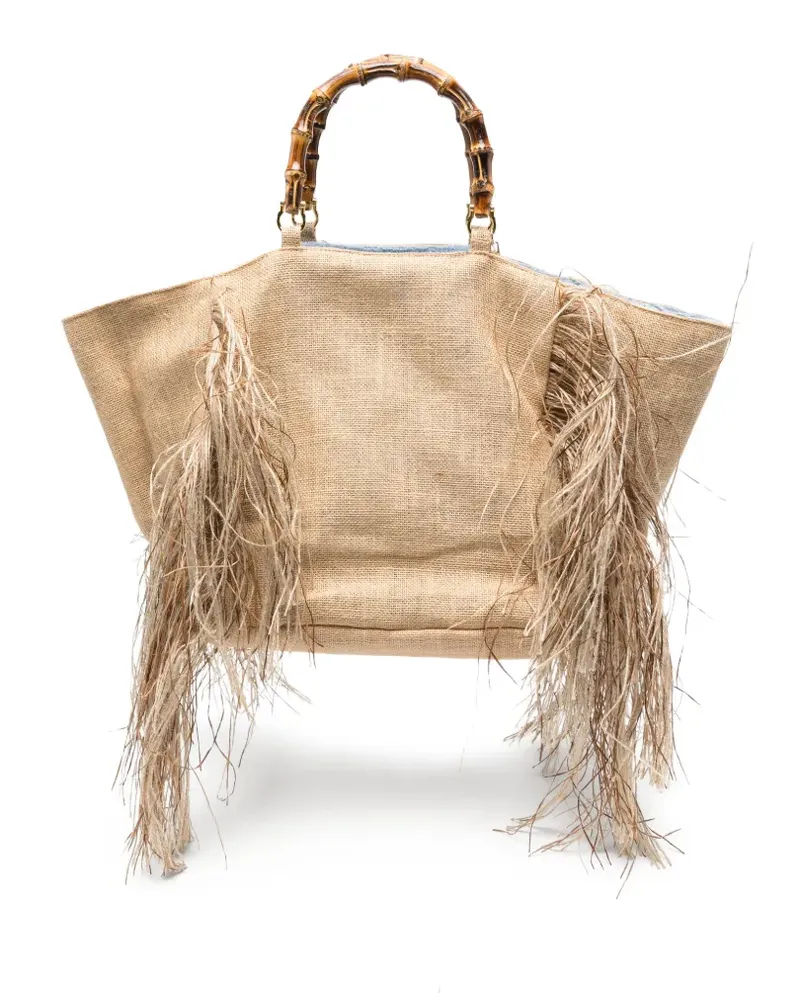 La Milanesa large Sharon fringe-detail bamboo-handle tote bag - Nude Nude