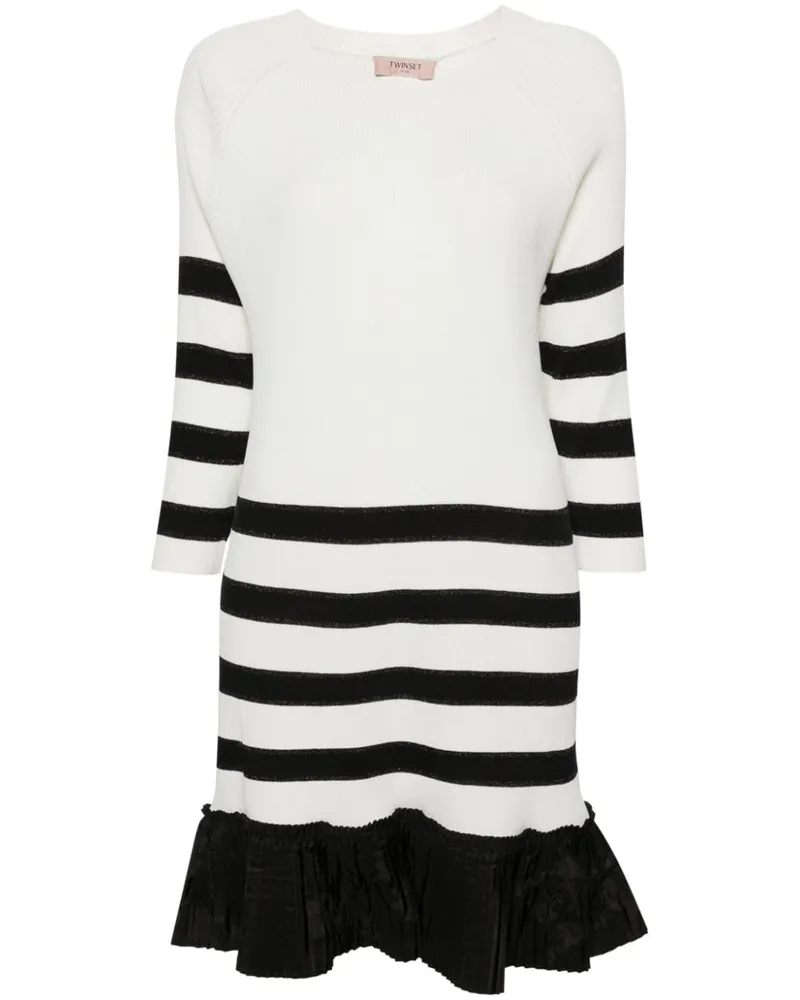 Twin-Set Gestreiftes Kleid mit Volant-Saum - Weiß Weiß