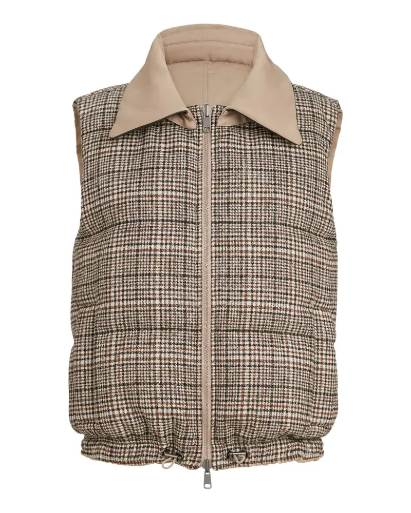 Brunello Cucinelli Wende-Daunenweste aus Twill und Prince-of-Wales mit abnehmbarem Lederkragen und Monili - Nude Nude