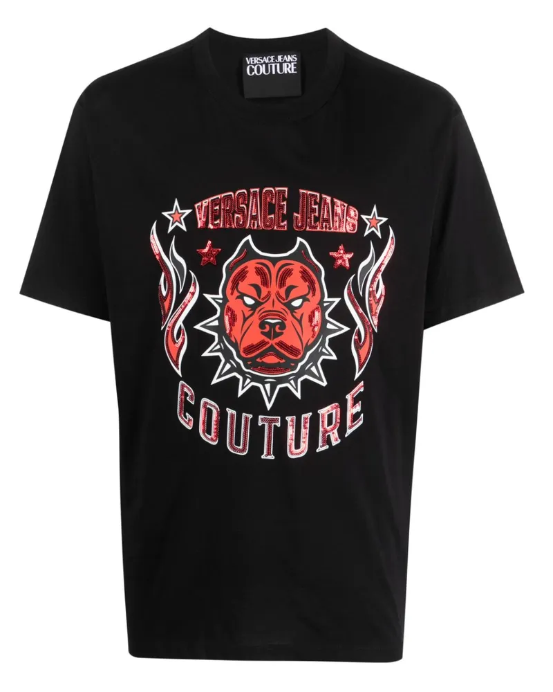 Versace Jeans T-Shirt mit Pailletten-Logo - Schwarz Schwarz