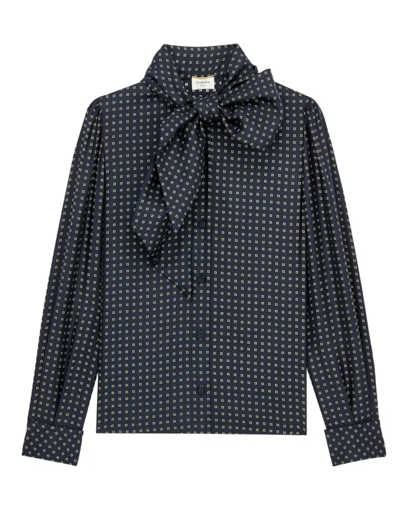 Saint Laurent geometric-print pussy-bow blouse - Blau Blau