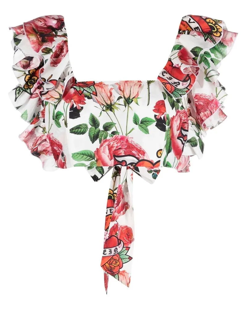 Philipp Plein Cropped-Bluse mit Blumen-Print - Weiß Weiß