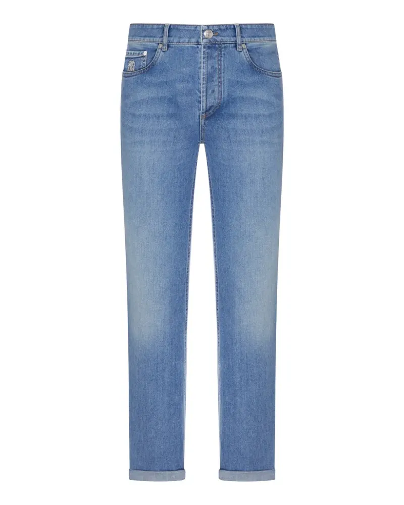 Brunello Cucinelli faded-effect logo-embroidered jeans - Blau Blau