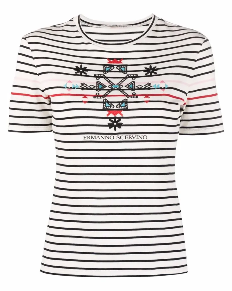 Ermanno Scervino Gestreiftes T-Shirt mit Stickerei - Weiß Weiß