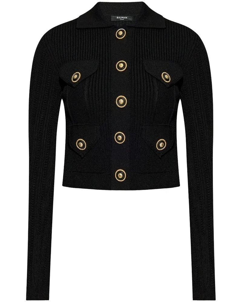 Balmain Gerippter Cardigan mit Lochstrickmuster - Schwarz Schwarz