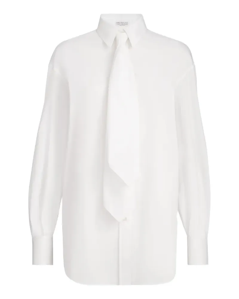 Brunello Cucinelli stretch cotton poplin shirt with tie and monili - Weiß Weiß