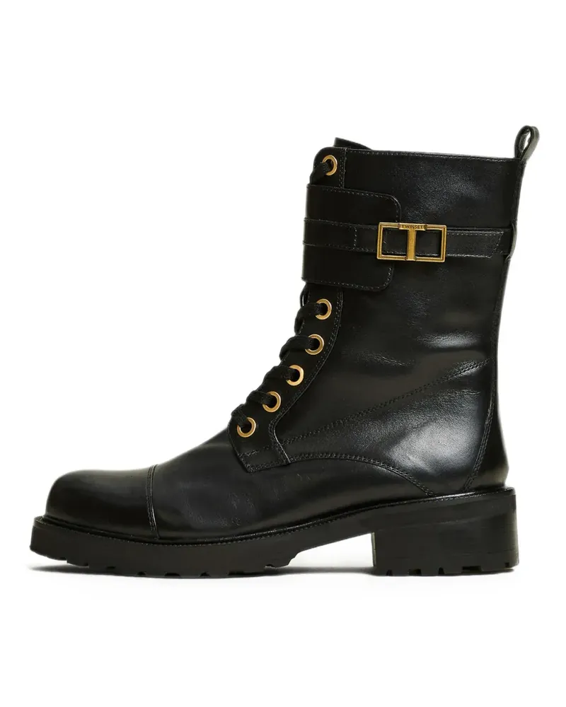 Twin-Set Bikerstiefel mit Logo-Schnalle - Schwarz Schwarz