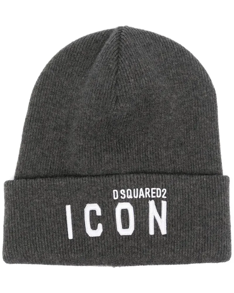 Dsquared2 Gerippte Strickmütze mit Logo - Grau Grau